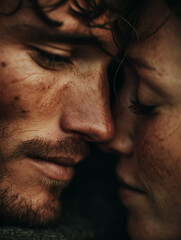 Obraz premium A photo that is a close up of a man and woman almost kissing, you can see their lips almost touching