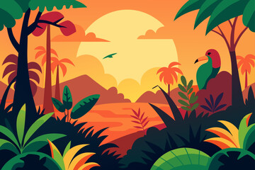 Vibrant tropical jungle landscape at sunset with a colorful bird and palm trees