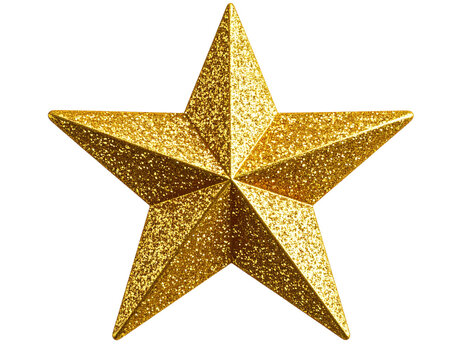 3D Glittering Gold Tree Topper Star with Textured Surface and Light Sparkles, Angled View, Transparent PNG