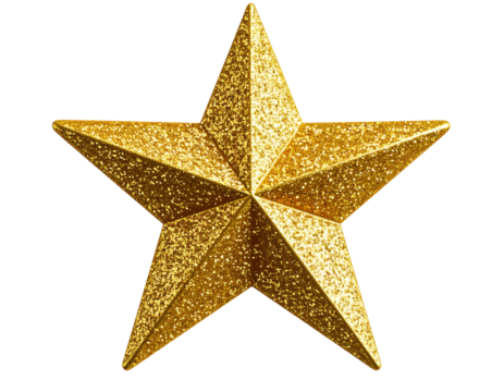 3D Glittering Gold Tree Topper Star with Textured Surface and Light Sparkles, Angled View, Transparent PNG