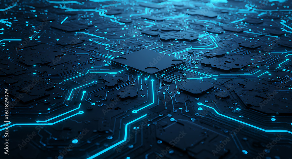 Poster high-tech microchip on a motherboard with glowing blue connections. concept of artificial intelligen