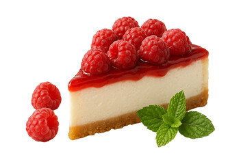Slice of cheesecake with raspberries and mint isolated on transparent background