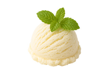 Scoop of vanilla ice cream with fresh mint leaves isolated on transparent background