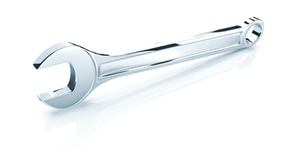 Shiny Chrome Wrench Tool on White Background Perfect for Repair Maintenance and Construction Related Projects with Precision and Clean Design