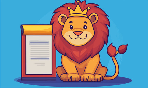 Regal lion wearing a crown proudly presents important document for business success and achievement