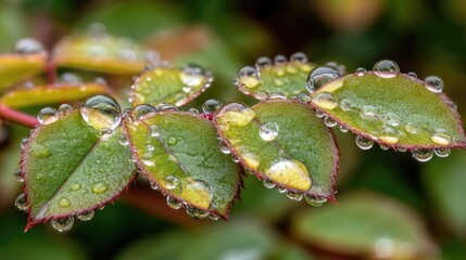 Close-up view of dew drops on rose leaves.