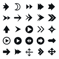 Collection of various black arrow icons and symbols representing direction navigation play and movement on a white background