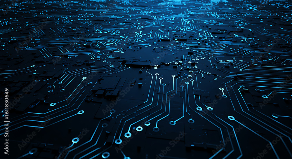 Poster a futuristic computer motherboard with glowing blue digital pathways and a central processing unit. 
