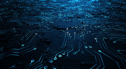 A futuristic computer motherboard with glowing blue digital pathways and a central processing unit. Technology and cyberspace concept.