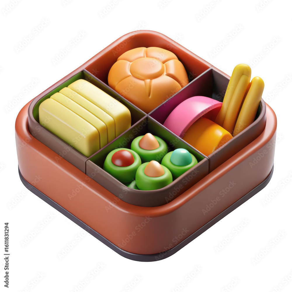 Poster 3d bento box with assorted food items isolated on transparent background