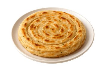 Delicious golden brown flaky paratha on a white plate isolated on transparent background
