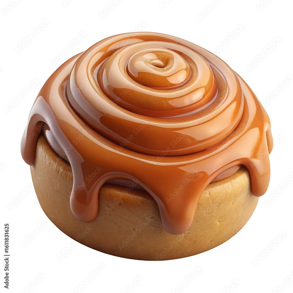 Poster 3d cinnamon roll with caramel drizzle isolated on transparent background