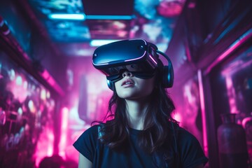 Young woman experiencing virtual reality in a vibrant, neon lit arcade, wearing a vr headset