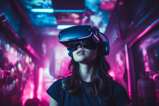 Young woman experiencing virtual reality in a vibrant, neon lit arcade, wearing a vr headset
