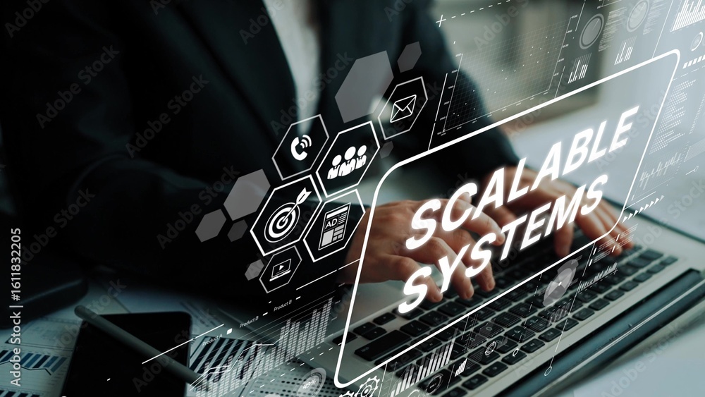 Poster business professional using laptop with digital scalable systems interface for technology solutions 