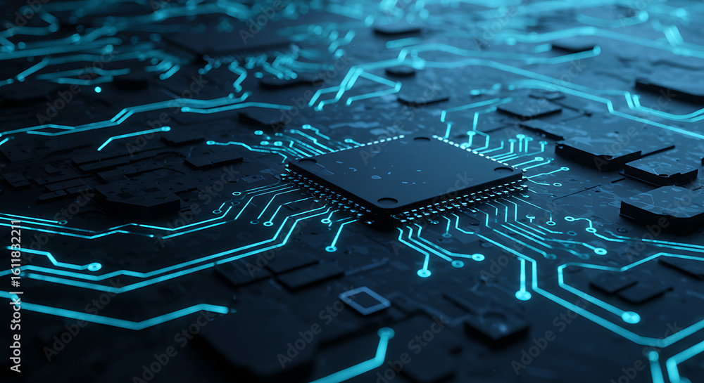 Fototapete high-tech computer processor with glowing blue light on a dark motherboard, illustrating future comp