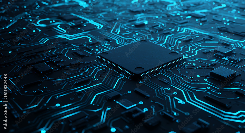 Poster futuristic central processor unit on a glowing blue circuit board. concept of advanced technology, d