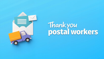 Thank you postal workers with colorful truck and envelopes on blue background  