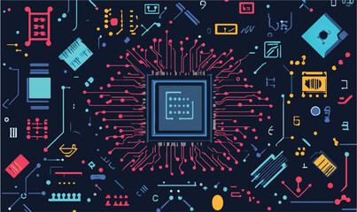 Dynamic abstract circuit board design with vibrant technology elements and intricate connections