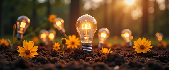 Light bulbs glowing among flowers in soil at sunset  