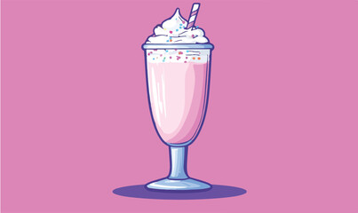 Indulgent pink milkshake topped with whipped cream, sprinkles, and striped straw