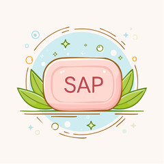 Cute cartoon pink soap bar with SAP text resting on fresh green leaves.