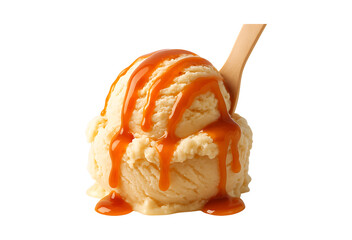 Scoops of vanilla ice cream with caramel sauce isolated on transparent background