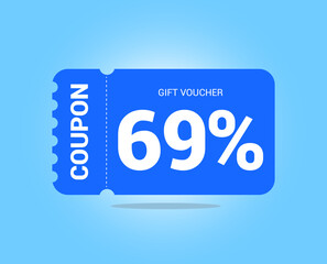 69% coupon promotion sale. Sixty nine percent Vector Gift Voucher. Blue discount, lucky ticket, special offer promo. Web, shopping label, percent sign. Special price offers.