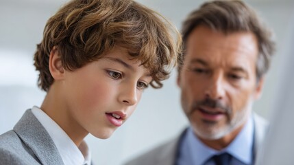 Young boy interacting with professional mentor in bright office