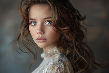 Fototapeta premium Studio portrait of beautiful young girl wearing white dress, showcasing her captivating eyes and long, flowing brown hair