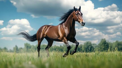 Bay horse galloping freely on lush green grass in sunlit meadow under clear blue sky




