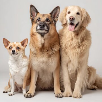 Three different dog breeds sitting together in studio&mdash;Chihuahua, German Shepherd mix, and Golden Retriever&mdash;perfect for pet care ads, vet brochures, blogs, or dog breed comparison articles