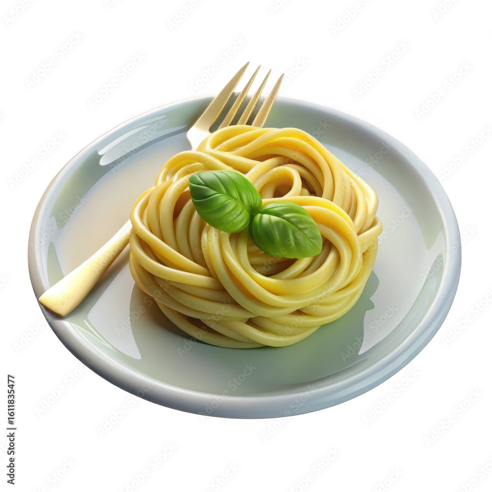 Poster 3d realistic spaghetti nest with basil isolated on transparent background