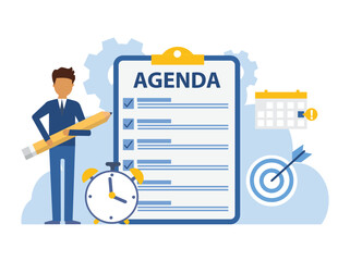 Meeting agenda. Reminder with a event list and schedule. Presentation with memo, Assignment target. Clipboard, checklist. Project task management and effective time