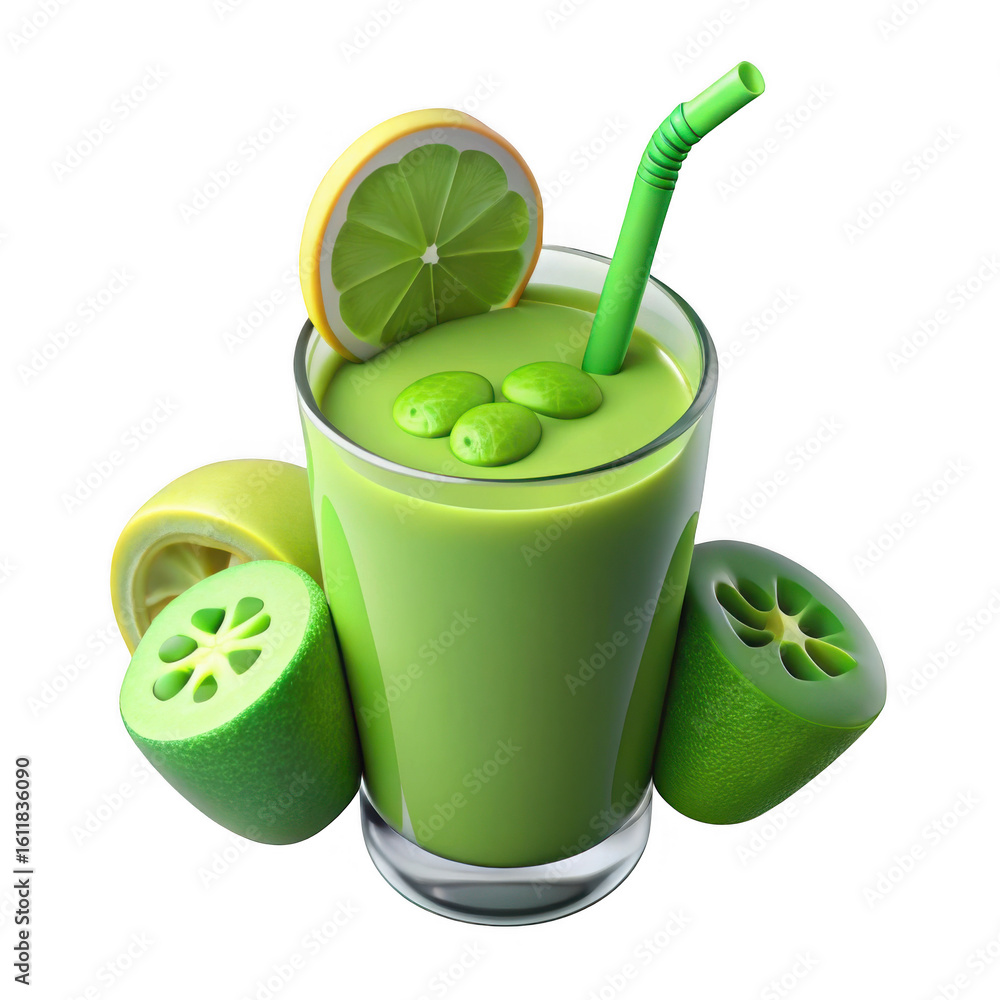 Poster 3d green smoothie with feijoa and lime isolated on transparent background