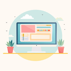 Flat design illustration of a desktop computer with a colorful UI flanked by potted plants on a desk.