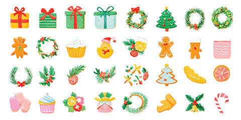 Watercolor Christmas Elements Collection with Gifts Cookies and Wreaths for Holiday Season Celebrations