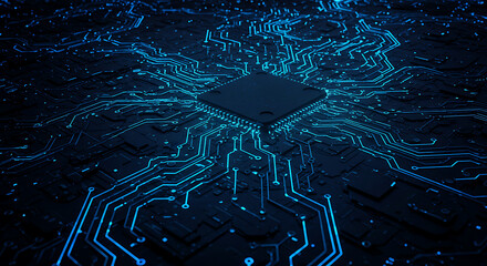 Futuristic technology concept showing a powerful central processor unit on a motherboard with glowing blue electronic circuits.