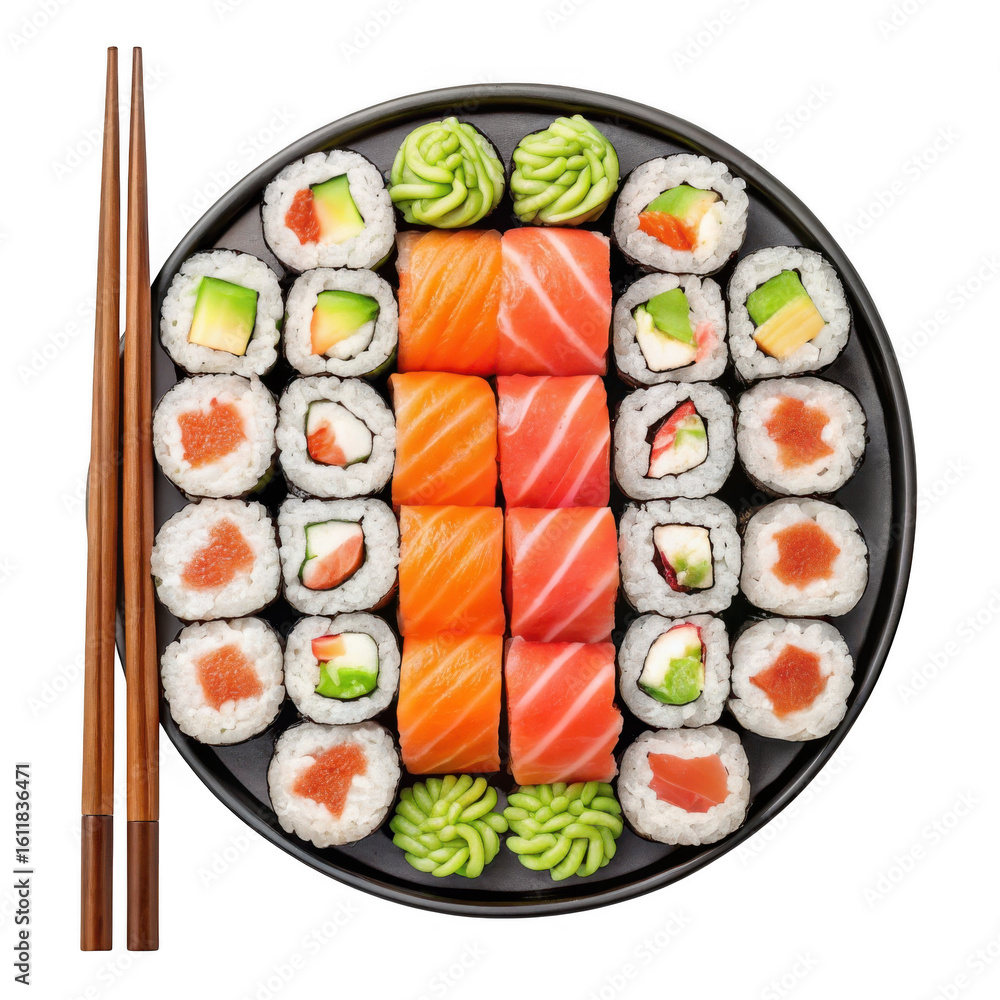 Poster 3d assorted sushi platter with chopsticks isolated on transparent background