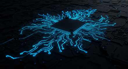Advanced microchip with glowing cyan pathways on a dark motherboard, illustrating concepts of AI and big data