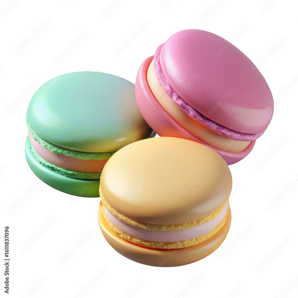 Poster 3d assorted macarons with cream filling isolated on transparent background