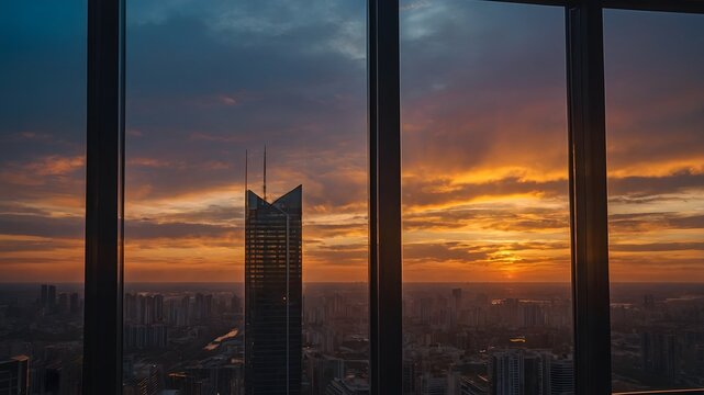 Puesta de sol urbana tras rascacielos desde un ventanal alto