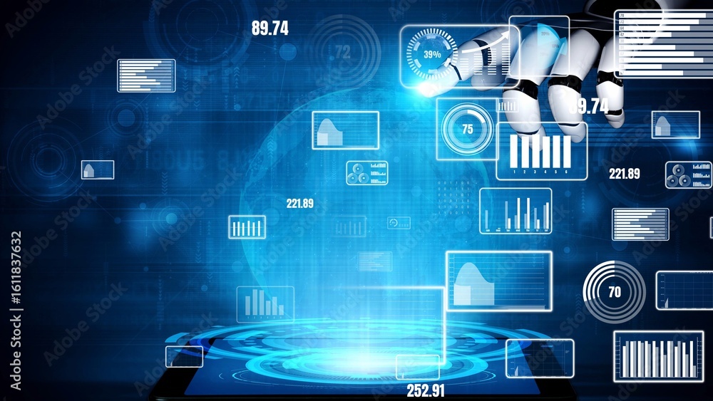 Poster a futuristic scene depicting a robotic hand engaging with a digital interface filled with analytics 