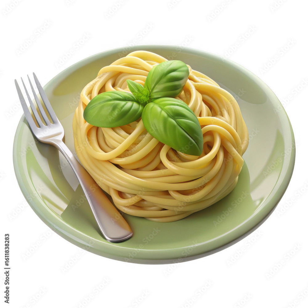 Poster 3d spaghetti nest with basil isolated on transparent background