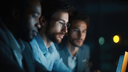 Focused Professionals Collaborating Late at Night in Modern Office