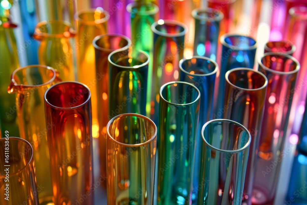 Poster empty colorful glass tubes and beakers arranged on a surface, creating a vibrant and colorful scienc