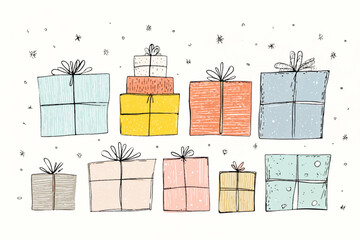 Whimsical Hand Drawn Christmas Gift Boxes in Pastel Colors Festive Holiday Celebration Presents for Giving and Receiving Joyful Occasions