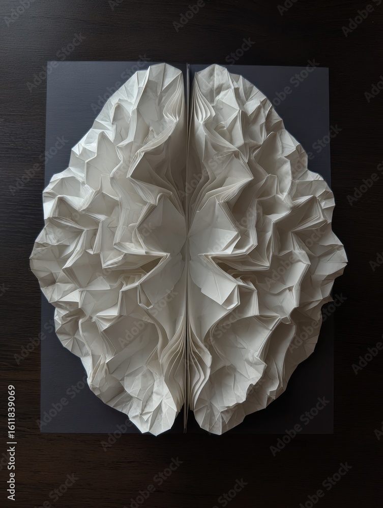 Poster folded paper brain revealing intricate pathways on a dark background with minimal right space