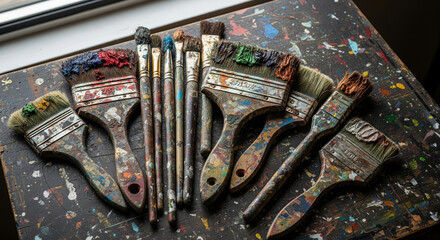 Paint-Covered Artist's Brushes on Wood
