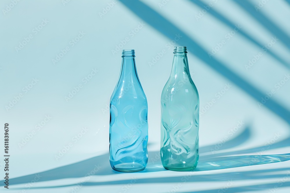 Poster empty glass bottles with embossed pattern casting shadows on light blue background create beautiful 
